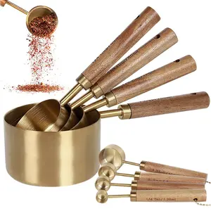 Clearance！8 Pcs Measure Cup and Spoon Set Gold Measuring Cup Spoon Set with Wooden Handle Stainless Steel Stackable Kitchen and Baking Measurement Kitchen Accessories for Home Kitchen Party