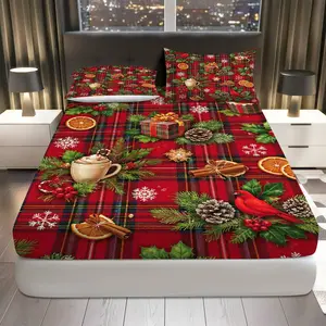3Pcs Christmas Plaid Holiday Fitted sheet Three Piece Set (1*Fitted Sheet+2*Pillowcases, Coreless), Christmas theme, Festive Red Bedding Set, Mattress protector Soft, Breathable