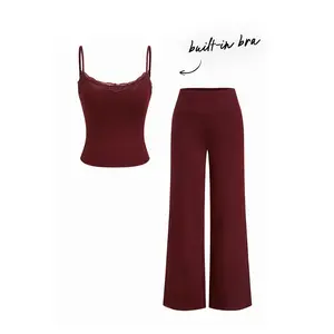 Cider Built-in Bra Square Neck Lace Trim Cami Top & Mid Rise Straight Leg Trousers Loungewear Set