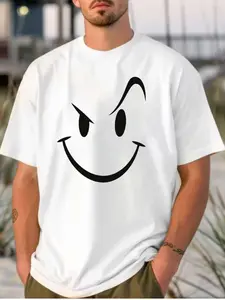 Men's "Playful Wink Smile" Graphic T-Shirt - Bold Curved Smiley Face & Wink Detail Print, Casual Oversized Fit, Perfect for Summer Vibes, Streetwear Style, Casual Daily Wear & Cheerful Self-Expression, Fun Statement Tee