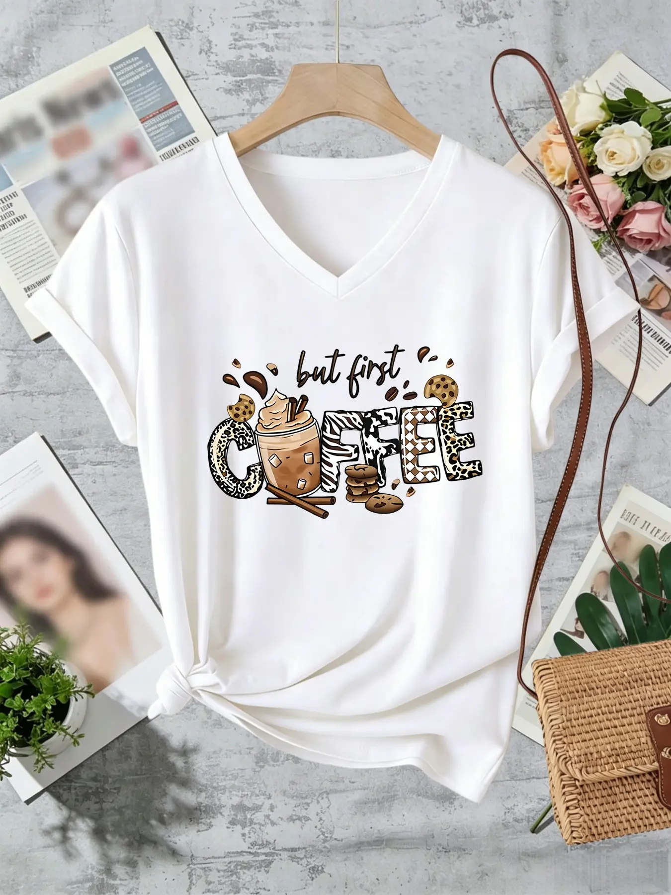 Women's Casual Short Sleeve T-Shirt Top, Coffee Theme Print, V-Neck, Spring Summer, Fashion Women's Clothing