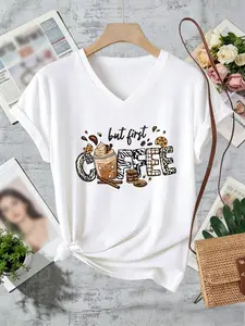 Women's Casual Short Sleeve T-Shirt Top, Coffee Theme Print, V-Neck, Spring Summer, Fashion Women's Clothing