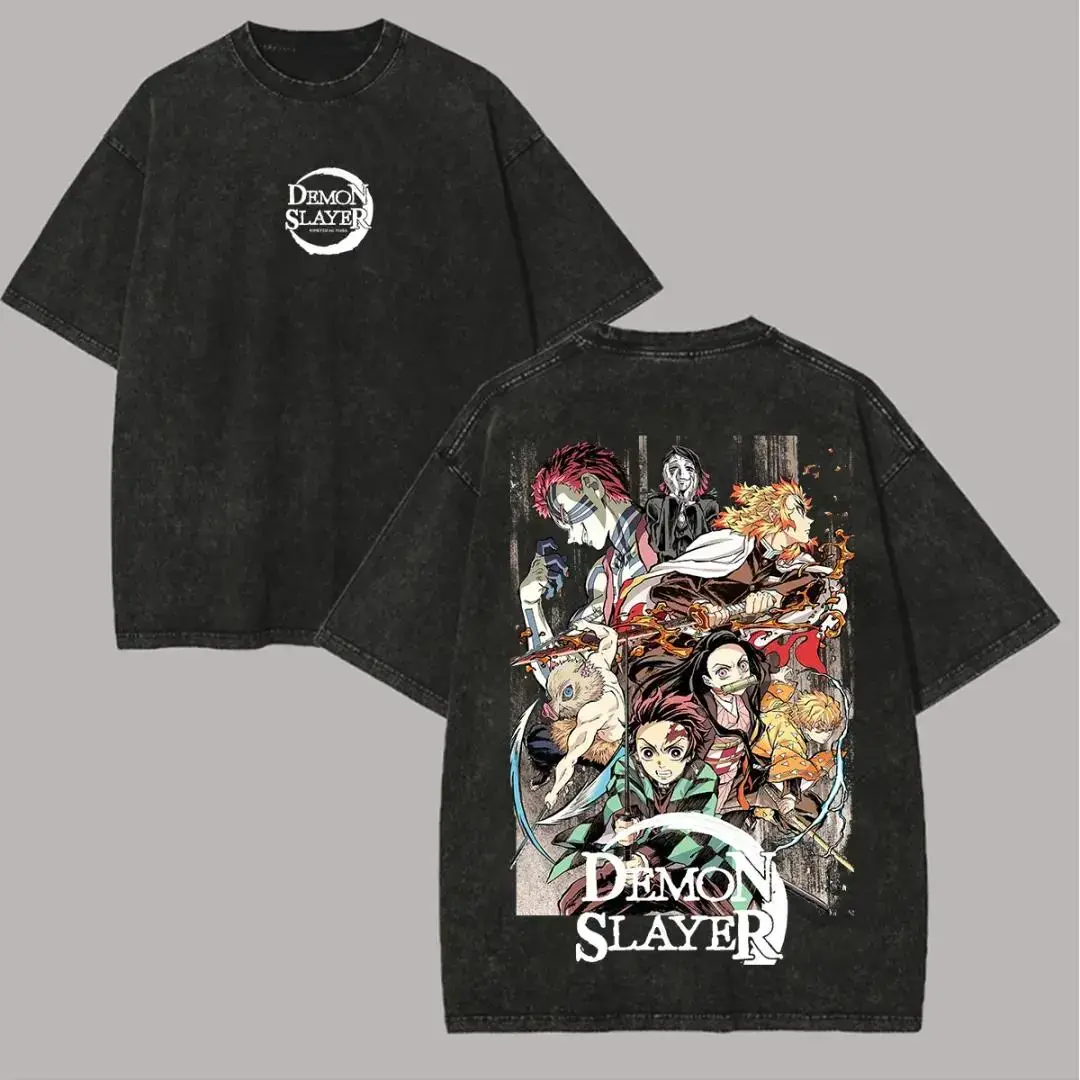 Men's Short-Sleeve T-Shirt - Vintage Demon Slayer Graphic Print, Distressed Washed Cotton, for Casual Daily Wear