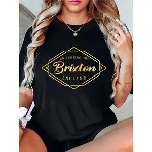 Women's Black T - Shirt with Gold Brixton England UK Graphic & Geometric Frame, Casual Streetwear for Daily Outings, UK - Inspired Fashion Top