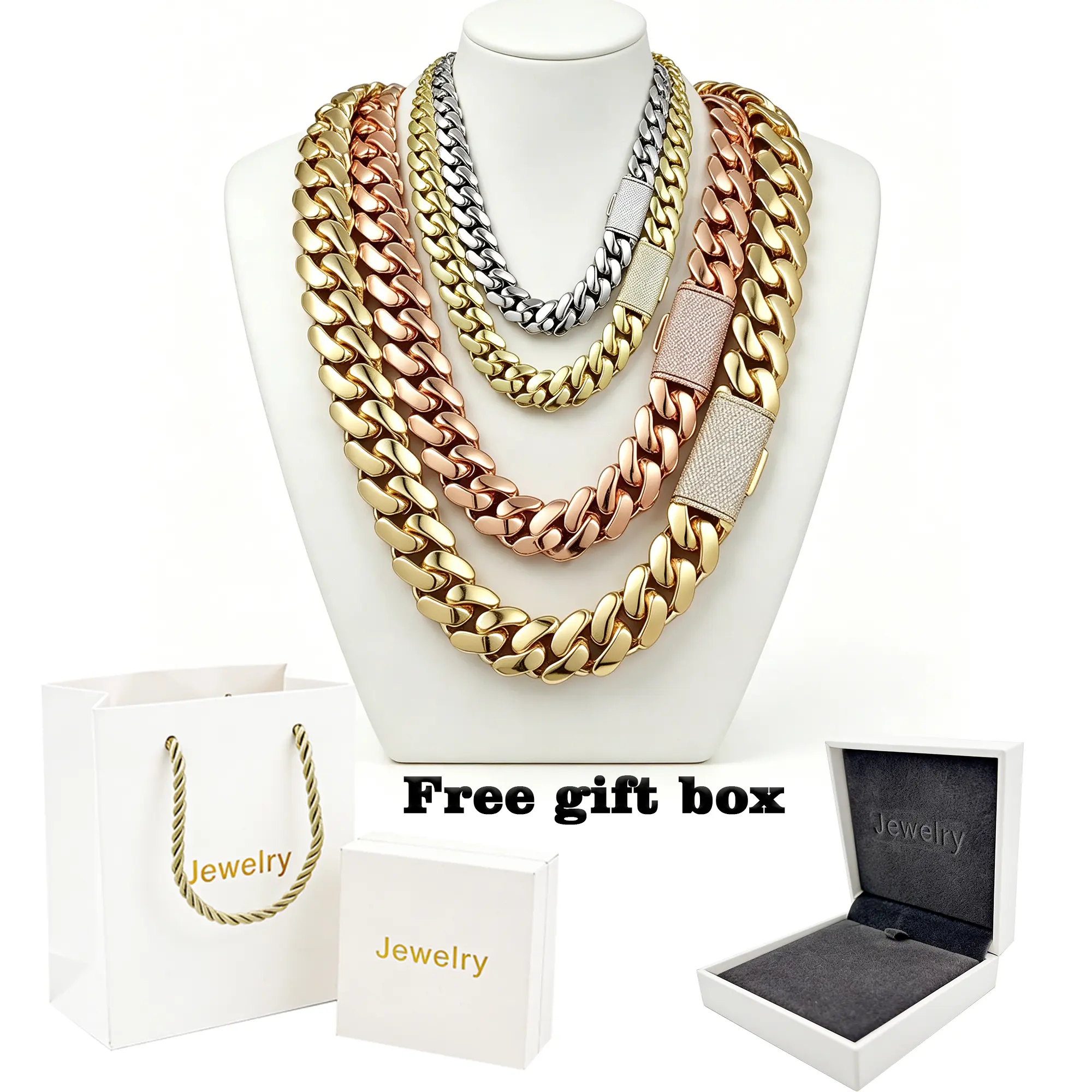 Men's Inlaid Zircon Flip Clasp Cuban Chain Necklace, Premium Stainless Steel Cuban Link Chain Necklaces, Hypoallergenic Waterproof Fashion Jewelry with Gift Box, Cuban Chain Necklaces