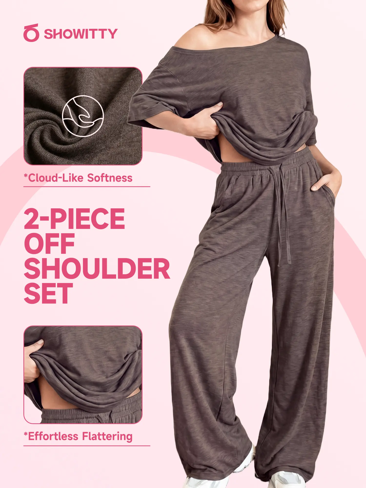 SHOWITTY Womens 2 Piece Outfit, One Shoulder Top Drawstring Wide Leg Pants with Pockets Streetwear Set (Summer Ease Collection)