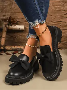 Women's British Style Thick Sole Loafers, Vintage Mid Heel Bowknot Shoes, PU Leather Casual Flats for Spring & Fall, Platforms, Flatform