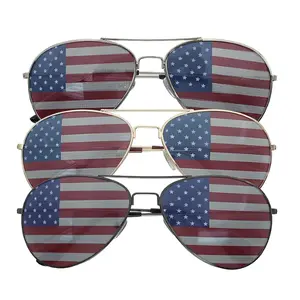 GRINDERPUNCH 3 Pack of USA Sunglasses - American Flag Aviator Sunglasses - Assorted Metal Rim Colors