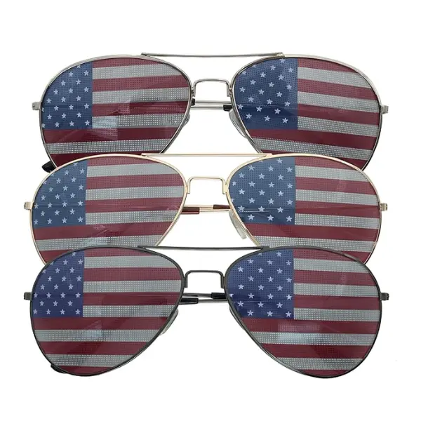 GRINDERPUNCH 3 Pack of USA Sunglasses - American Flag Aviator Sunglasses - Assorted Metal Rim Colors