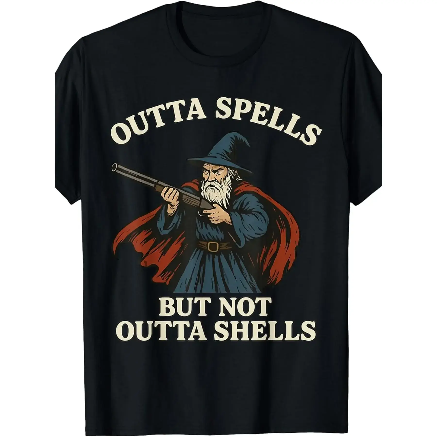 Classic Round Neck Short-Sleeve Cotton T-Shirt - Wizard Fantasy Meme Print, Father’s Day Gift, Outta Spells But Not Outta Shells Graphic, Vintage Style, Regular Fit, Lightweight Soft Breathable, Slight Stretch, Adult Sports Tee | Fashion Boutique Rou, Sho