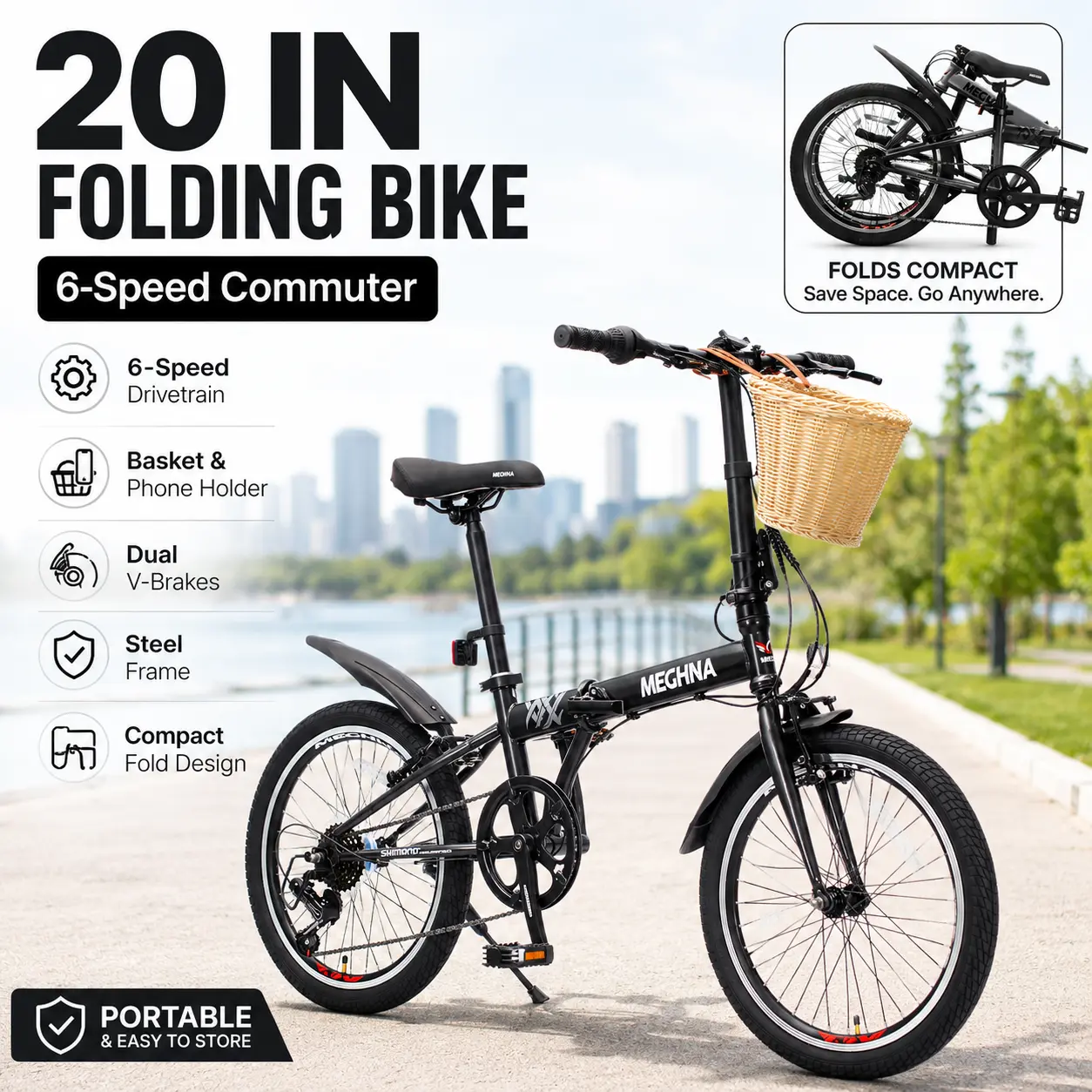 Unisex Adult Elon 20-in Folding Bike, 6-Speed Steel Frame City Commuter with Basket, Phone Holder, Fenders, Double V Brakes, Compact Fold, Height Fit, Practical Portable Bike for Urban Travel, Daily Errands, Urban Commute