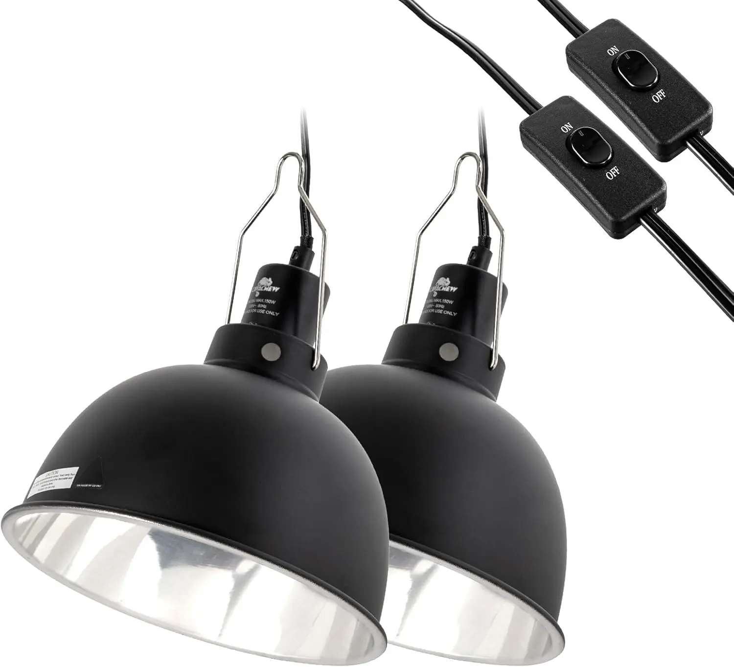 2 Pack 8.5in Deep Dome Reptile Light Fixture, Optical Reflection Cover, Separate Switch & Hook, Terrarium Light for Reptile Heat Basking UVB Bulbs, 150W, Black