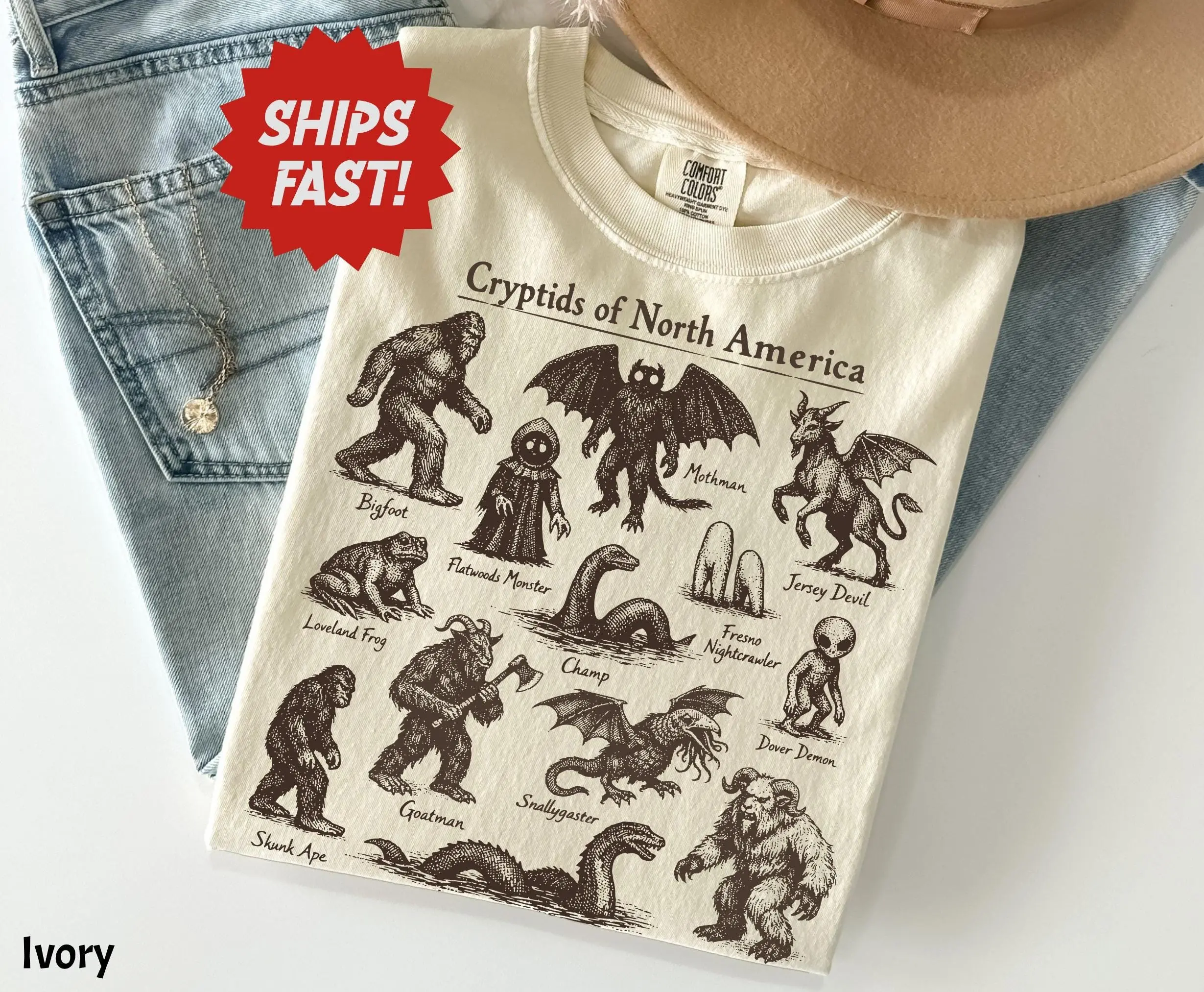 Comfort Color Cryptids of North America Vintage Field Guide T-Shirt Bigfoot Mothman Monster Collector Cryptozoology Graphic Tee for Women Retro Outdoor Wildlife Nature Lover Gift