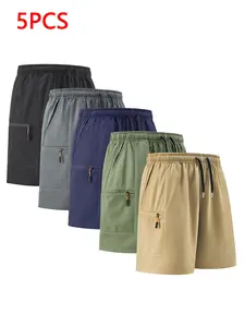Men's Casual Sport Shorts 5 Pack, Quick-Dry Breathable Fabric, Comfortable Polyester Blend, Mild Elasticity, Plain Design, Convenient Pockets, Solid Pocket Shorts