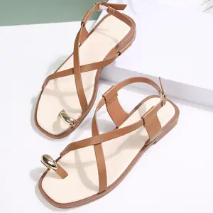 Women's Flat Sandals with Toe Ring and Ankle Strap Indoor Outdoor Shoes Casual Summer Footwear