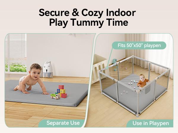 BIOBY Baby Vegan Leather Play Mat, 50"x 50", For Floor Mat Playpen Mat, Thickened High-Density Foam Playmats for Babies and Toddlers - Extra Soft and Resilient, Easy to Wipe Clean, Grey