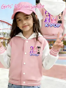 Girls' K-POP Sweet-Cool Girl Group Baseball Jacket: Three Chibi Girls with Heart Gestures Print + Colorful Heart Letter + Contrast Raglan Sleeves + Crisp Wrinkle-Resistant Fabric, Sweet-Cool & Eye-Catching, Must-Have for Daily Outings