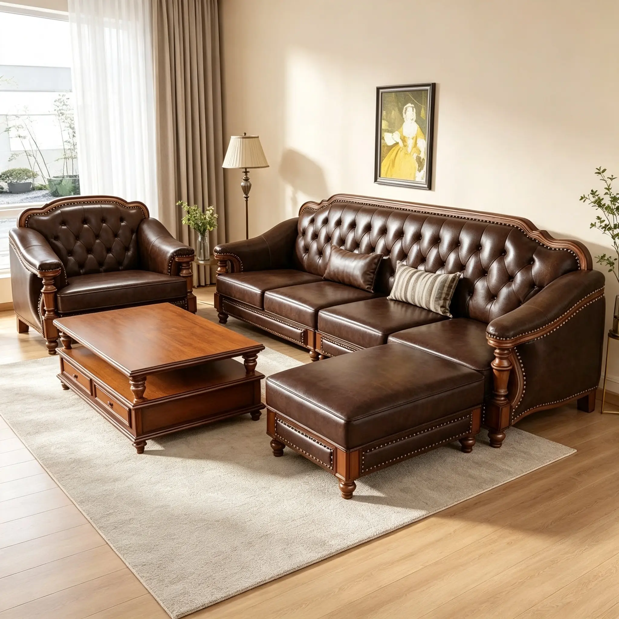 American‑Style Brown Leather Sofa Set Button‑tufted upholstery, carved solid wood frames and nail‑head trim. Complete living‑room set includes sofa, armchair, ottoman & coffee table. Rich vintage charm, classic traditional home furniture.