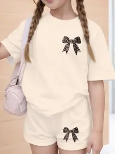 Girls' Summer Set, Bowknot Printed Short Sleeve Top + Loose Shorts, Casual Wear for Ages 5-14, Outdoor Travel & Sports, Leopard Print Set