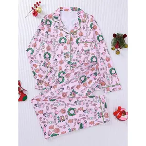 2-piece set of gingerbread man, building blocks, king snowman, garland, Christmas long sleeved pants, soft and comfortable, skin friendly and smooth top, small pocket, button closure, elastic waistband, suitable for all seasons home, daily wear, pajamas