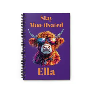 Personalized Highland Cow Notebook, Stay Moo-tivated Purple Spiral Journal, Funny Cow Gift, Back to School Stationery