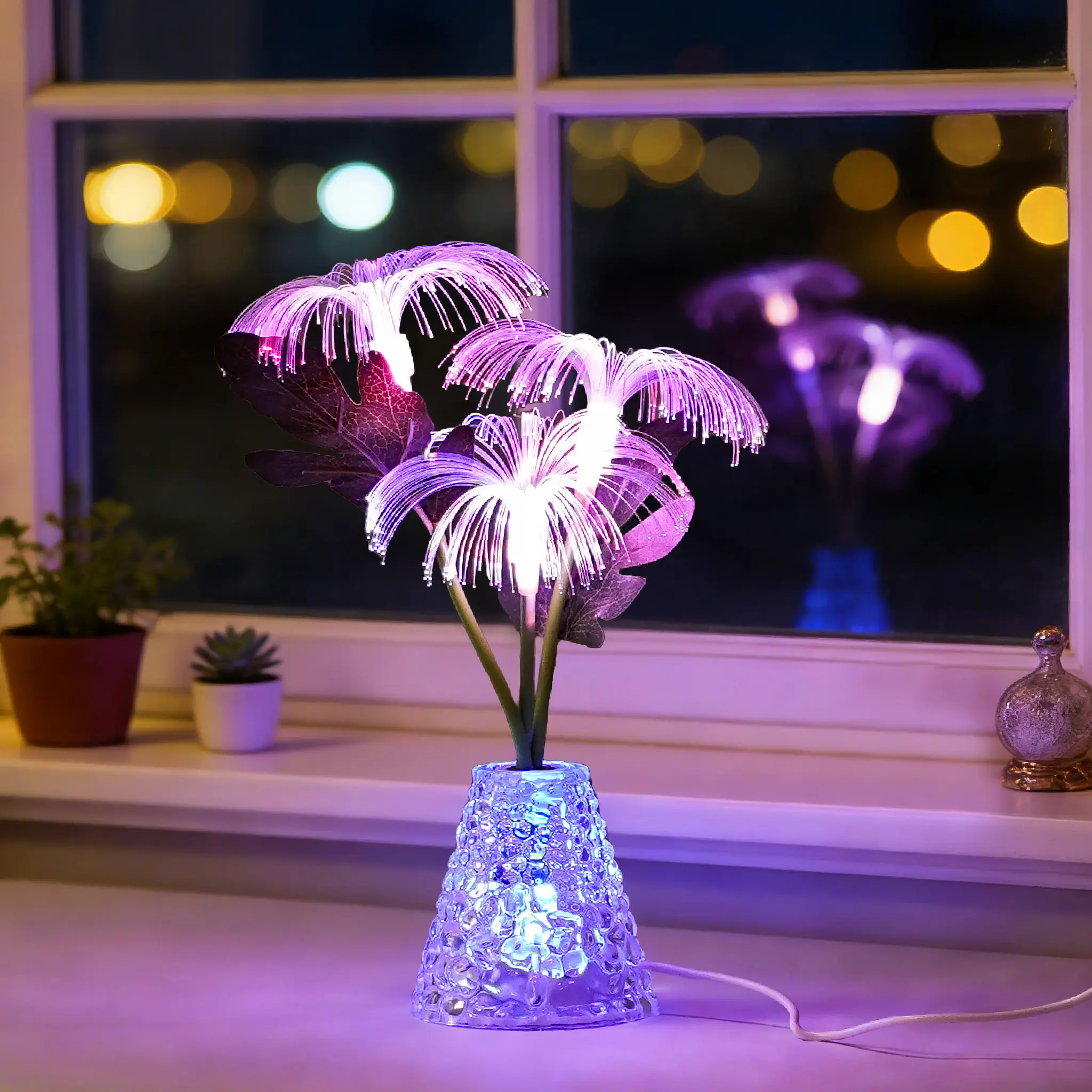 Color Changing Fiber Optic Firework Flower Lamp, Water Ripple Vase LED Table Night Light, USB & Battery Dual Powered Floral Ambient Light, Bedroom Desk Decor, Birthday Valentine Christmas Gift for Women