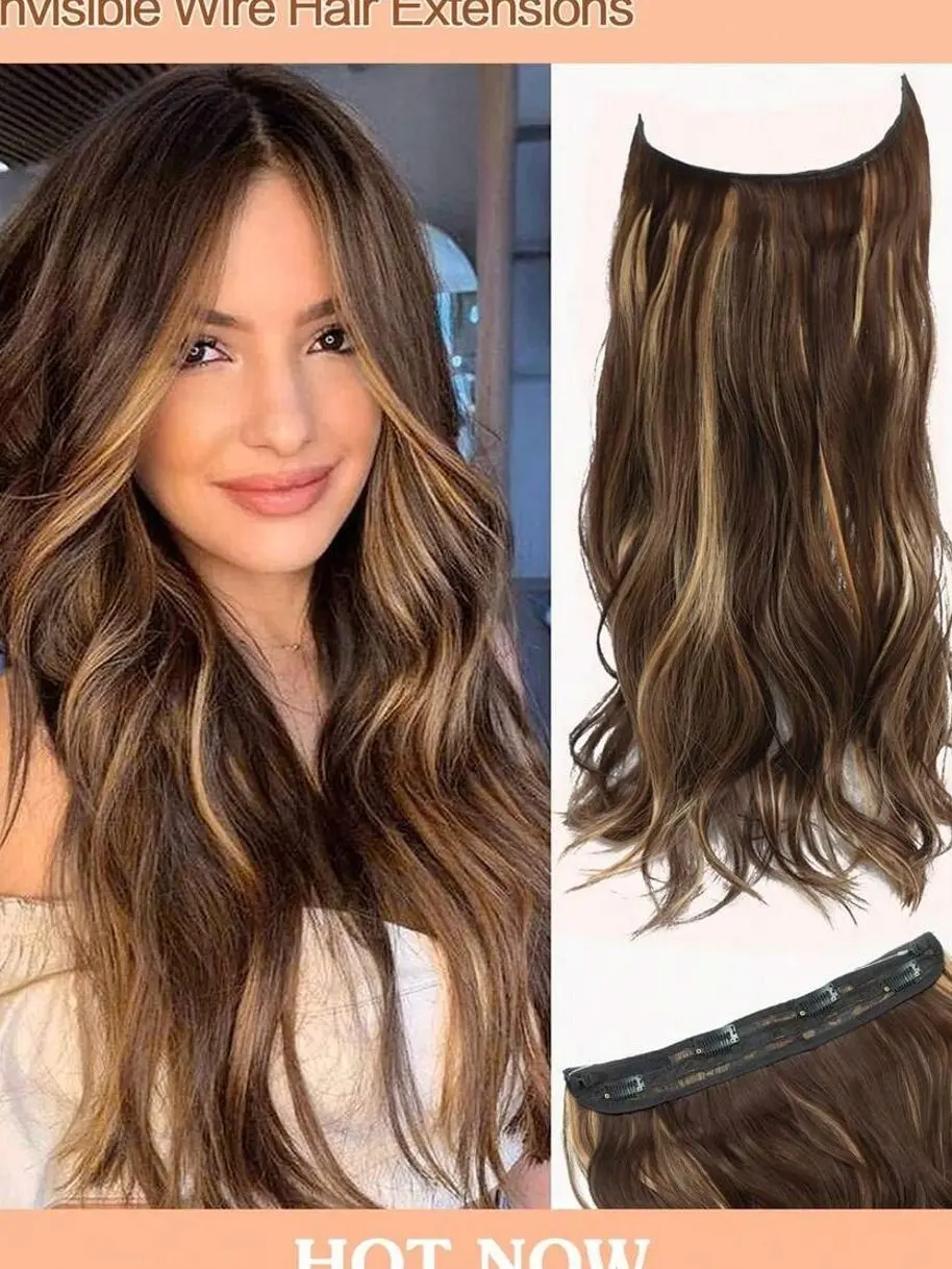 Invisible Wire Hair Extensions Dark Brown With Highlights Long Wavy Transparent Fish Line Hairpiece