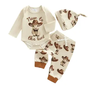New to the Herd Baby Boy Outfit Cow Print Romper Long Sleeve Bodysuit Cowboy Hat Jogger Pants Hat Cute Newborn Coming Home Outfit Welcome Home Baby Announcement
