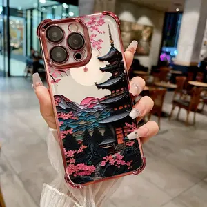 Japanese Ancient Architecture Cherry Blossom Creative Design Phone Case for  IPhone 16/15/14/13/12/11,E, Pro Max, Plus - Transparent Soft Back Cover with Shockproof Protection