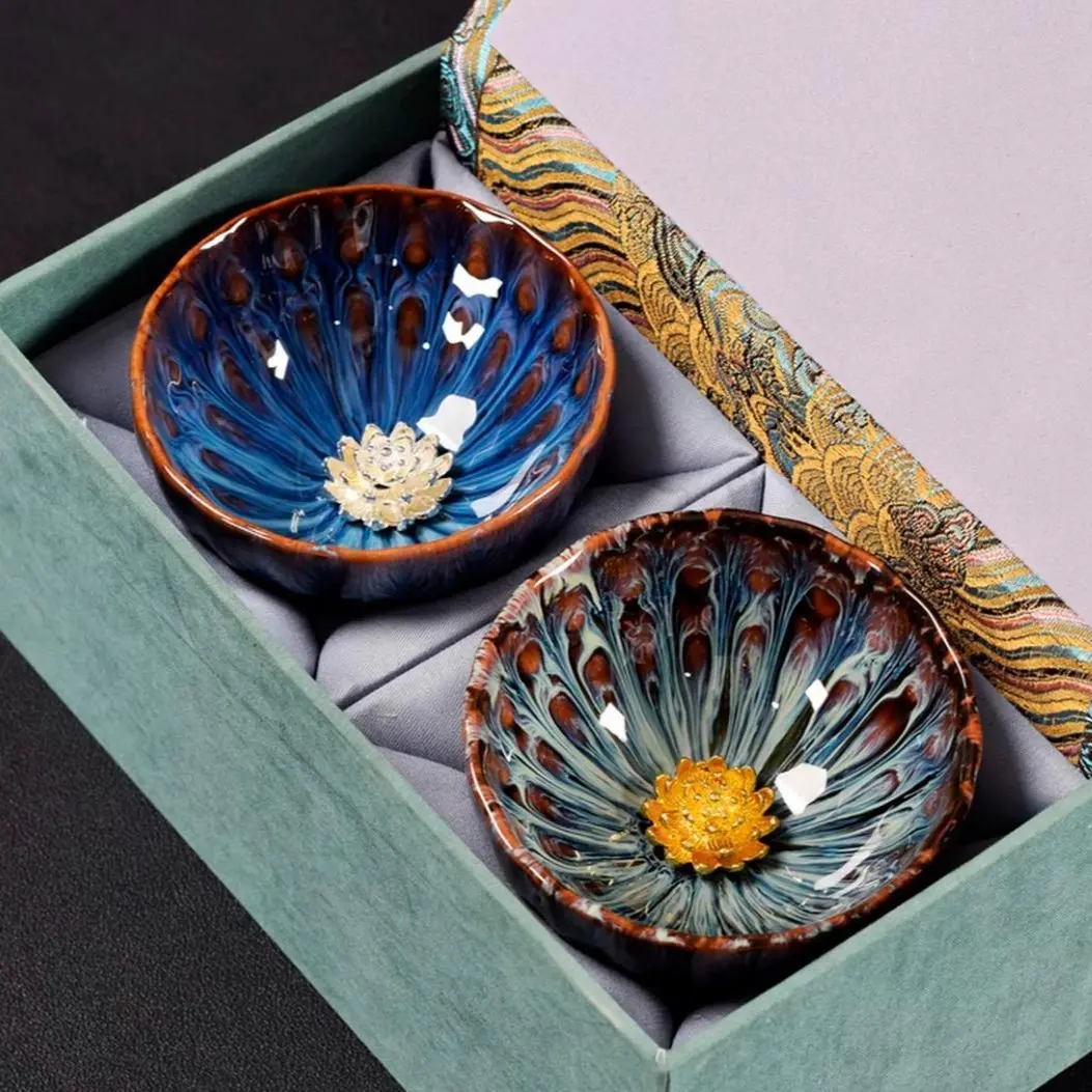 Gold-Inlaid Kiln-Transformation Master Teacup, Ceramic Kung Fu Tea Cup Set, , Chinese-Style Gift for Tea Tasting