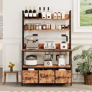 5-Tier Kitchen Bakers Rack with Charging Station & Drawers, Industrial Microwave Stand, Freestanding Farmhouse Coffee Bar, Utility Shelves with Hooks for Kitchen, Dining Room, Office- Vintage Brown