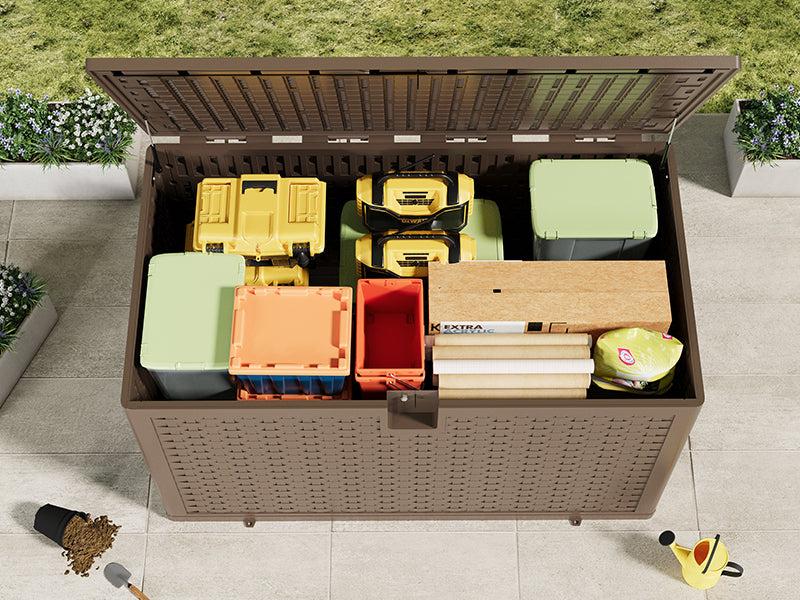【GARVEE】120 Gallon Heavy Duty Outdoor Storage Box - Waterproof Deck Box for Patio Furniture Cushions and Garden Tools, Featuring Gas Lift Lid and Seat, All-Weather Resistant, Easy Assembly, Available in Brown and Black