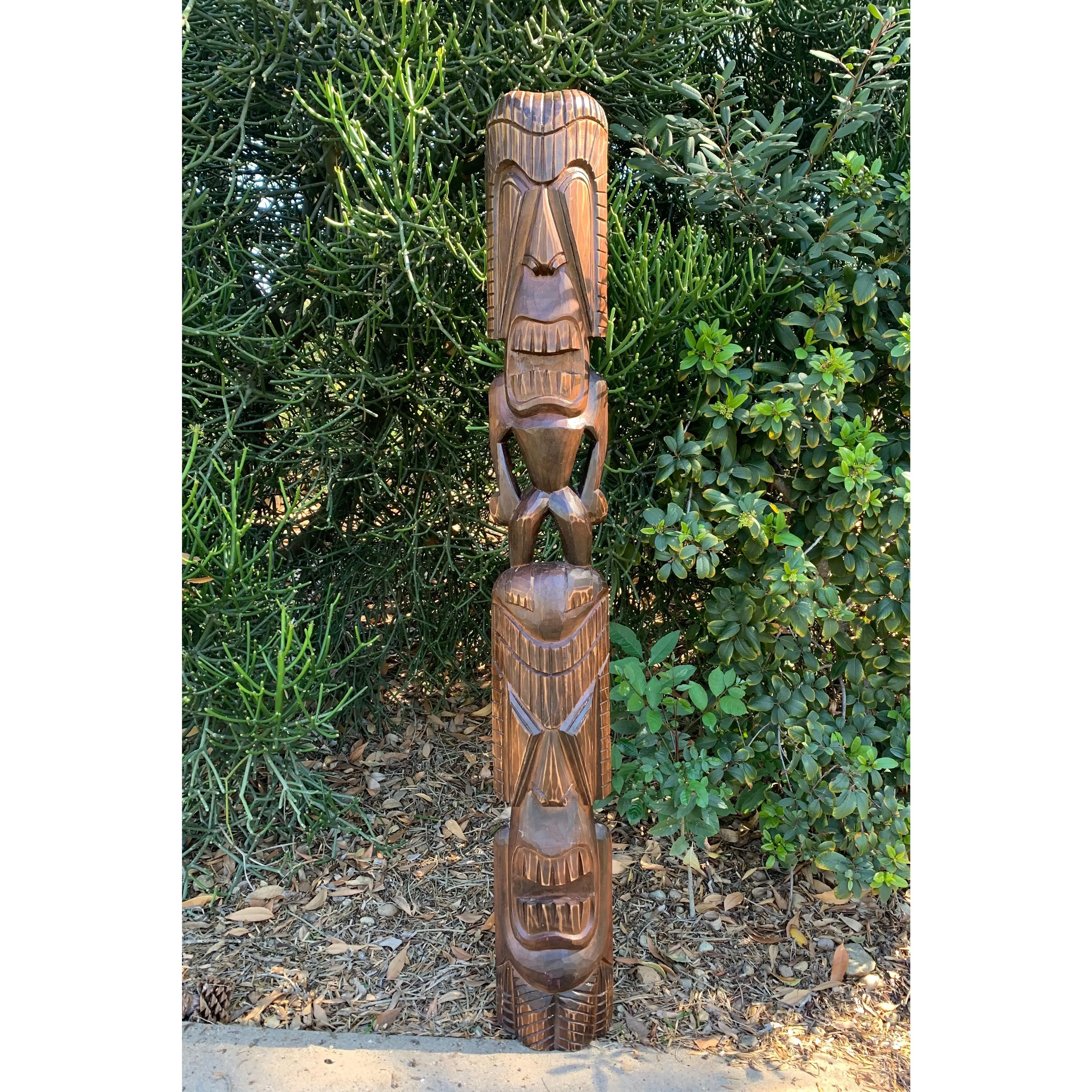 Ku and Kane Hawaiian Tiki Totem Wood Carving Bar Patio Decor 5ft x 7in