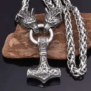 High Quality Vintage Nordic  Necklace Double Wolf Head Thor's Hammer Pendant Necklace Men Stainless Steel Jewelry Gift
