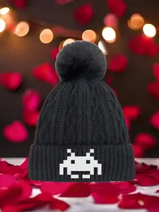 Space Invaders with White Pixel Design Snapback for 2026 new model Multi Color Soft Fabric Pom Pom Winter Hat Warm Cozy Unisex Headwear with Universal Fit Versatile Cold Weather Accessory for All Ge