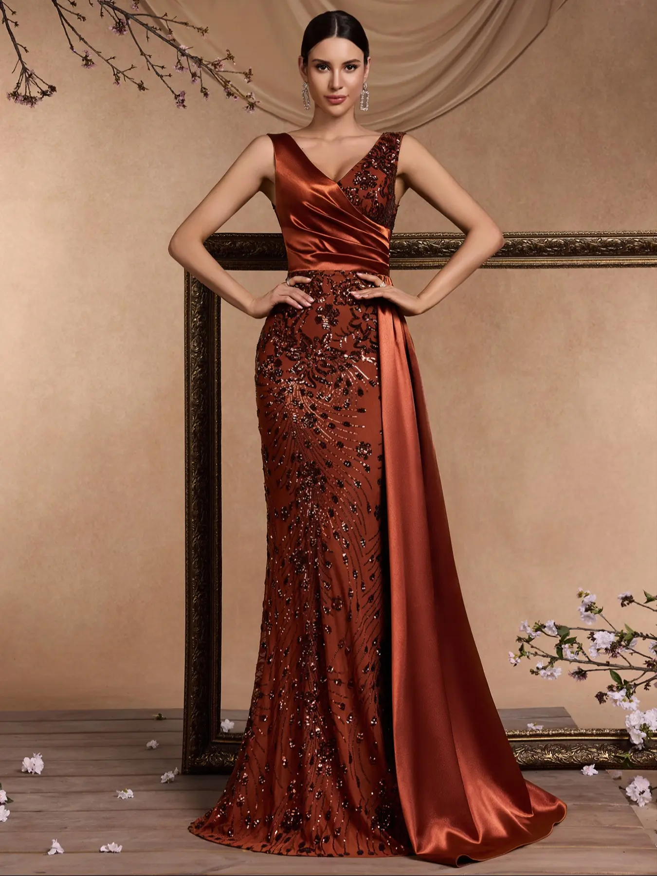 Elegant Chic Women's V Neck Sleeveless Evening Dress, High-Quality Woven Sequins Patchwork Formal Gown, Perfect for Parties and Weddings, Spring, Formal Wear, Womenswear