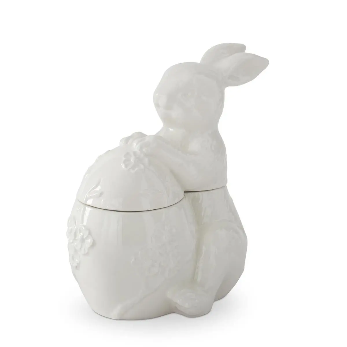 8.5 Inch White Ceramic Flower Embossed Egg & Easter Bunny Container