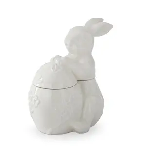8.5 Inch White Ceramic Flower Embossed Egg & Easter Bunny Container