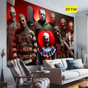 2D Flat, 1pc Horror Movie Character Backdrop - 2D Flat Polyester Photography Background Cloth with Chainsaw-Wielding Clown, Skeletons & Zombies - Indoor/Outdoor Party Decoration for Birthdays, Anniversaries, Themed Events, Halloween Decorations, Event