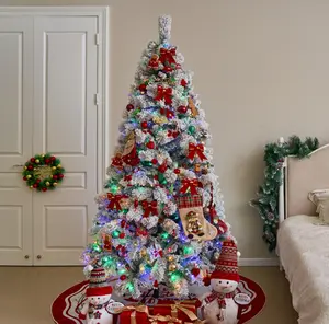 7.5ft Pre-Lit Snow Flocked Christmas Tree,Hinged Christmas Pine Tree,Christmas Tree with 1450 Flocked Tips,600 Bulbs,Warm and multicolor Light Modes,Foldable Metal Base