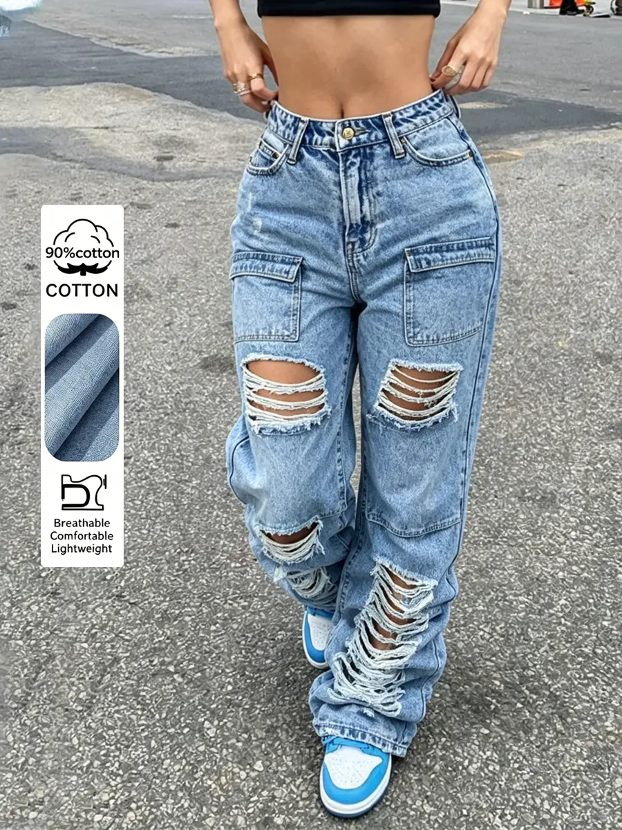 Women's High-Waisted Ripped Cargo Carrot Jeans - Slim-Fit Denim Bottoms with Pockets, All-Season Casual Basic for Streetwear & Work, Pairable with Crop Tops & Blouses, Blue
