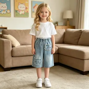 Girls Cute Cat Embroidered Denim Culottes, Elastic Waist Loose Wide Leg Summer Shorts, Soft Breathable Casual Pants for Kids