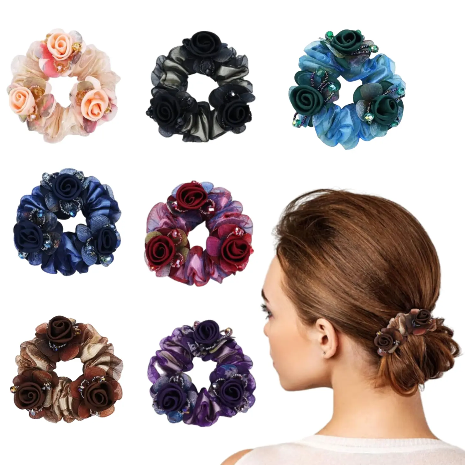 Women's 7-Piece Floral Silk Scrunchies - Soft Flexible Elastic Ponytail Holders, Fashionable Hair Accessories, Styling Tools with Flexibility for Everyday & Ceremony Use (Thick Hair Compatible), Soft Elastic Bands