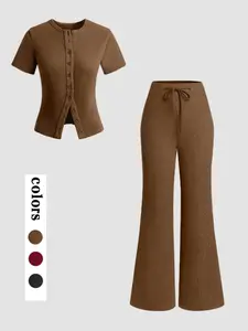Women's Casual Fitted Button Front Top & Drawstring Waist Pants, All-Season Daily Commute Wear, Simple Style Comfortable Co-ord Set