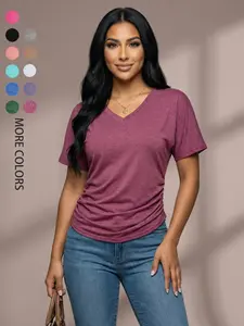 VVZ 2026 Spring Summer Women’s Short Sleeve V Neck Dolman Top Side Shirring Loose Fit Casual Shirt