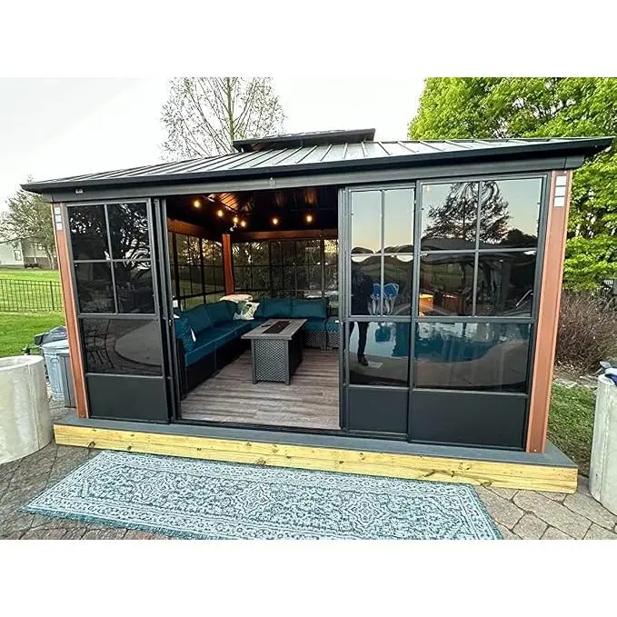 PURPLE LEAF Sunroom 12' x 14' Solarium Double Roof Gazebo with Sliding Doors
