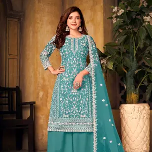 Pakistan Designer Wear Net Teal Blue Straight Cut Palazzo Style Suit
