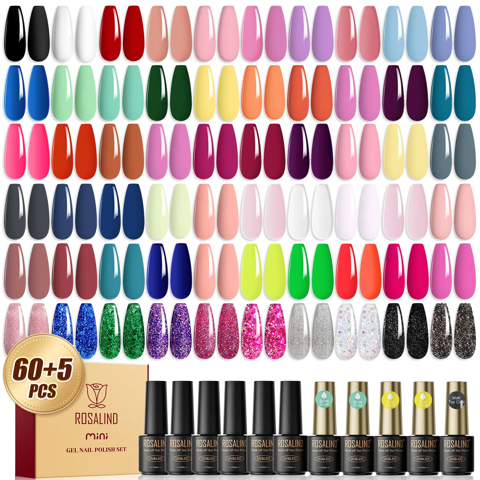 ROSALIND 65PCS UV Gel Nail Polish Set - 60 Colors with Glossy & Matte Gel Topcoat, Soak-Off Manicure Nail Art Kit, Gift for Women (All Seasons Collection), Gel Polish