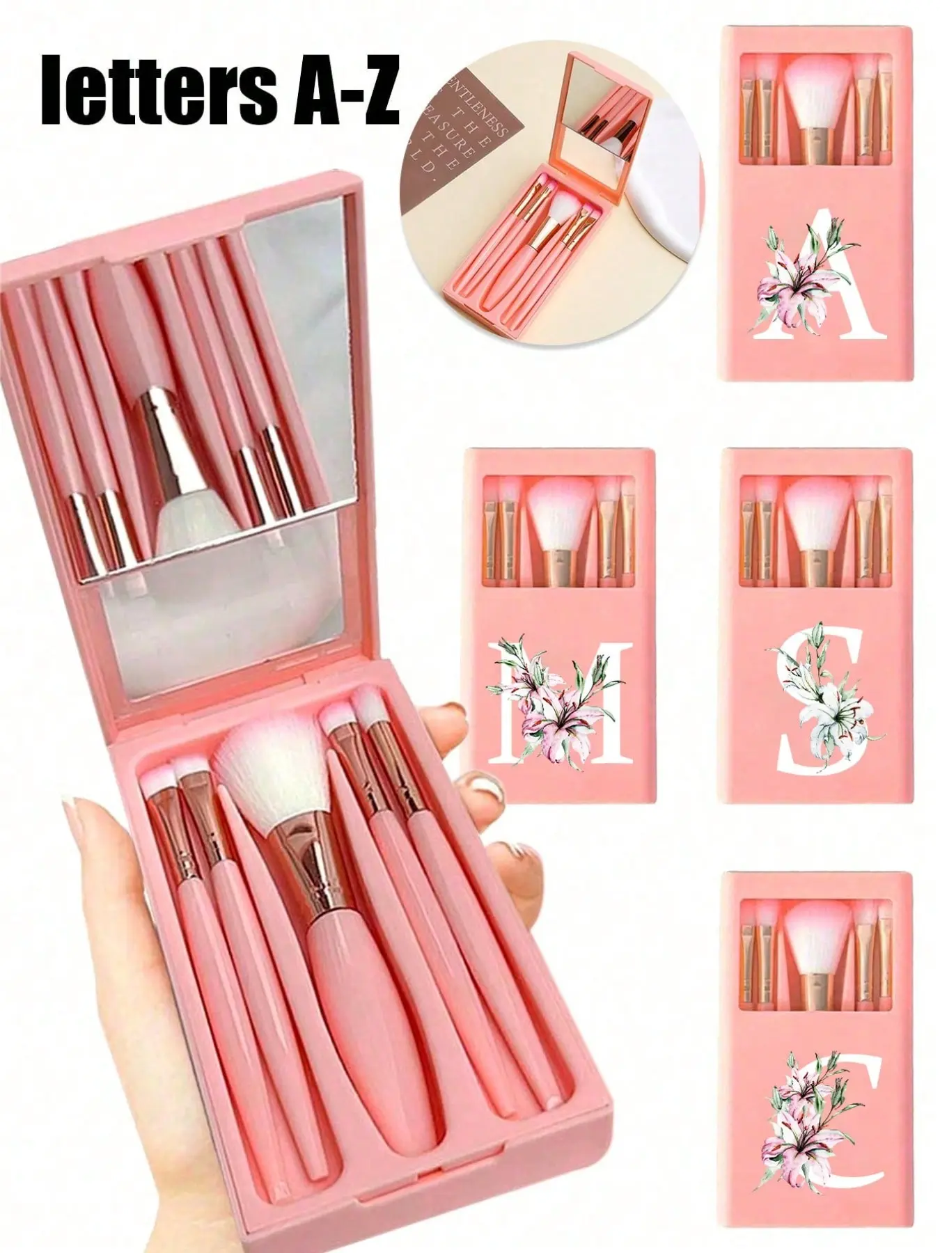 Lily Flower Letter A-Z Makeup Brush Set with Mirror and Storage Box, Multifunctional Makeup Brushes for Beginners, Ideal Gift for Girls