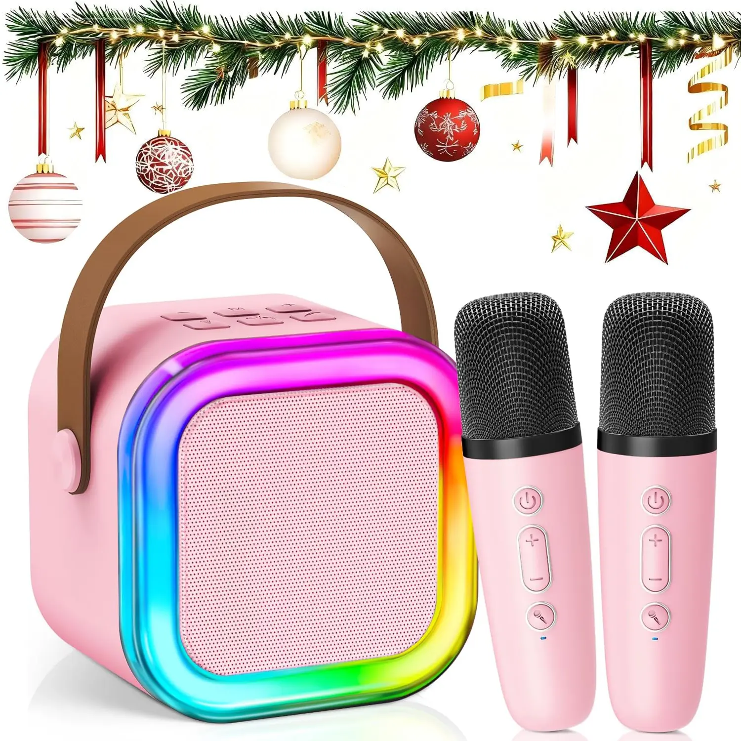 Mini Bluetooth Karaoke Machine - Portable Rechargeable Speaker with 2 Wireless Microphones, Multifunction Audio Companion for 4-14 Years Girls and Boys, Toddler Girls Birthday Party Gift, 6-10 Hours